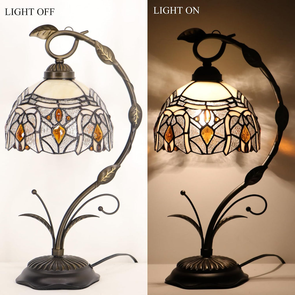 Tiffany Lamp Stained Glass Table Lamp Metal Leaf Base 8X10X19 Inch Reading Desk Light (Crystal Style)