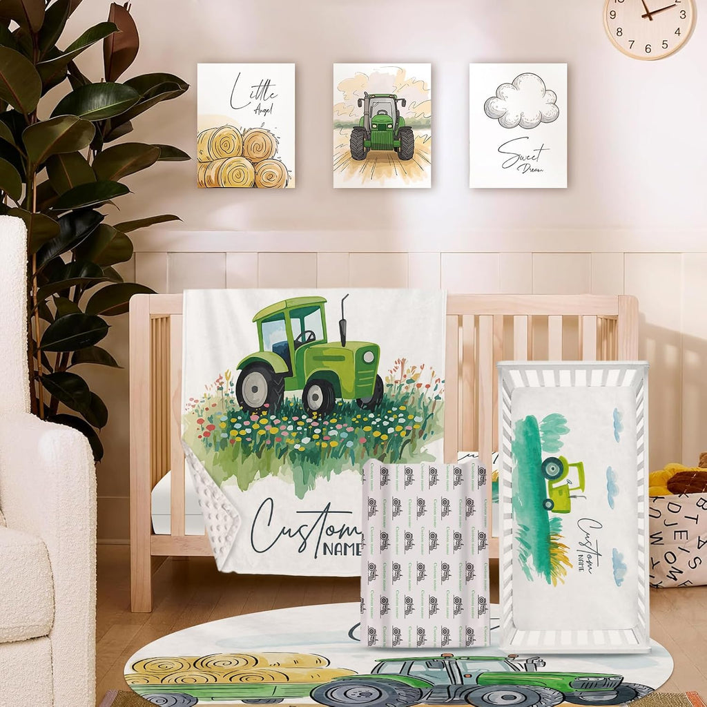 Personalized Crib Bedding Set for Baby Boys, Green Tractor Pattern Custom Name Baby Crib Sets 5-Pcs, Double Layer Baby Blanket Fitted Sheet Changing Pad Cover Rug Wall Art Set