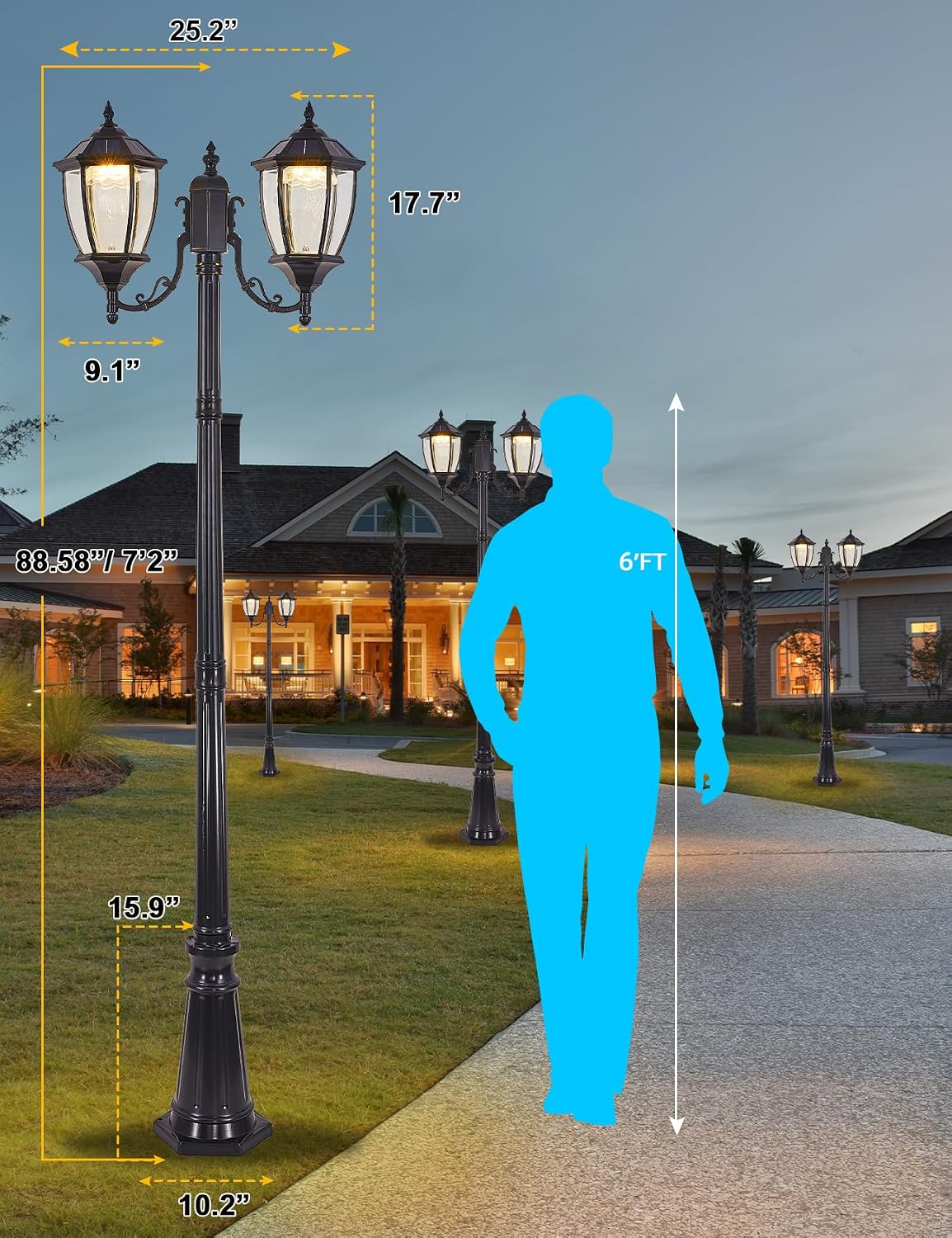 2-Heads Outdoor Solar Lamp Post Lights with Dusk to Dawn Sensor, Classic Exterior Solar Pole Lights with Waterproof, Black Street Lights with Clear Glass for Garden, Patio, Pathway, Driveway