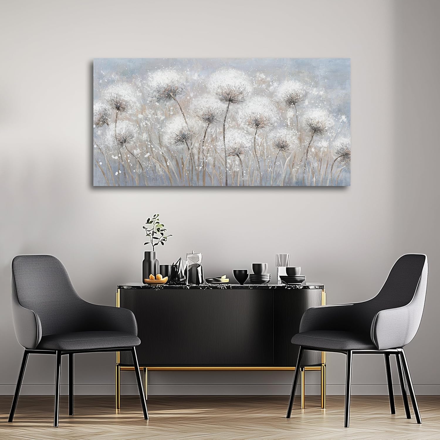 Belmrxne Large Dandelion Floral Wall White and Black Wall Decor Modern Aesthetic Artwork Trendy Canvas Painting for Living Room Bedroom Dining Room Office Home Decor 29x58 inch