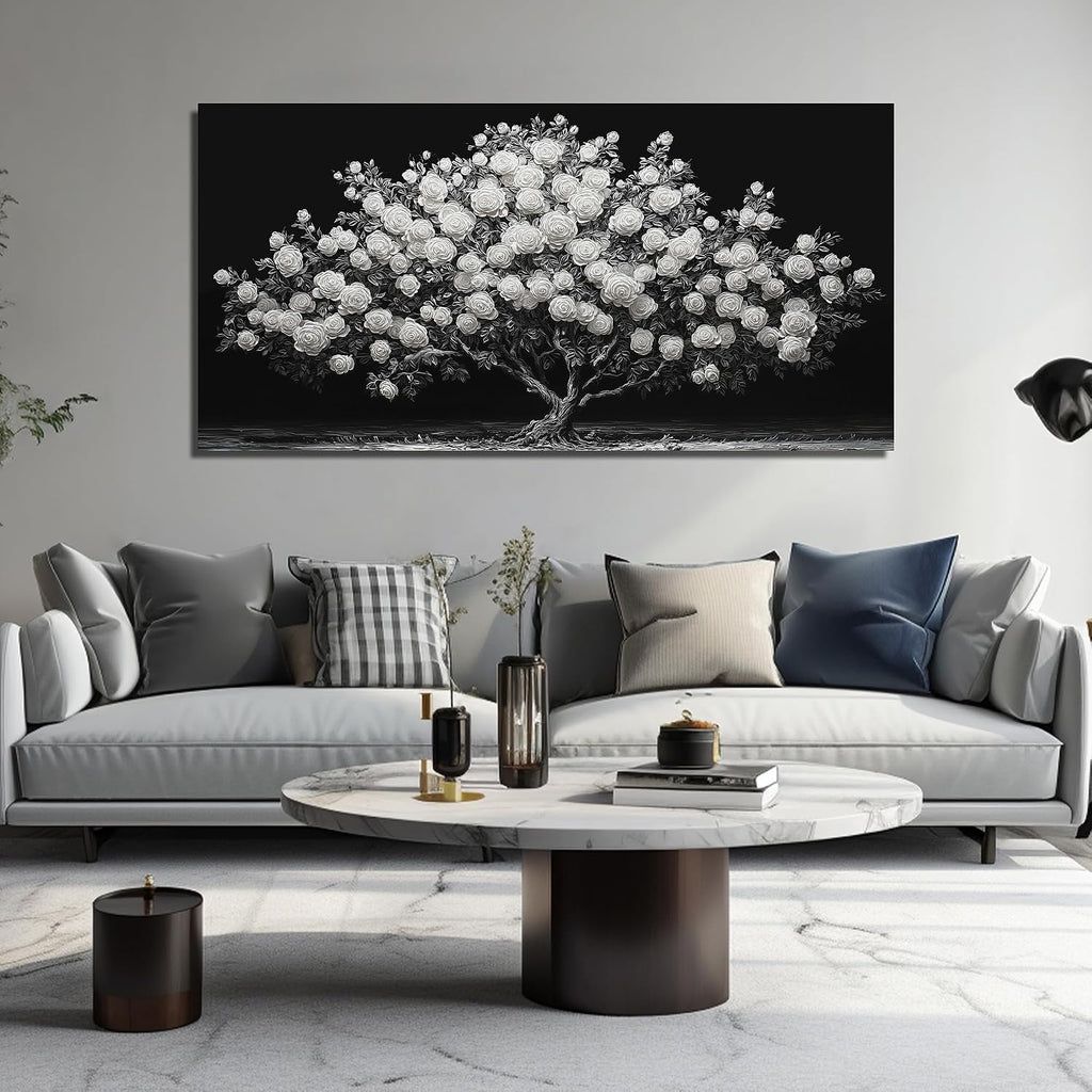 JuhaiArt Tree Painting Canvas Bedroom Black Poster Floral Wall Decor White Rose Wall Picture for Living Room Home Office 29'x 59'