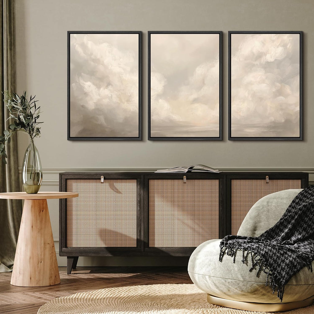 MUDECOR Framed Wall Art Print Set Neutral Cloudscape Soft Beige Abstract Sky Illustrations Modern Art Boho Decorative Colorful Chic for Living Room, Bedroom, Office - 24'x36'x3 Black