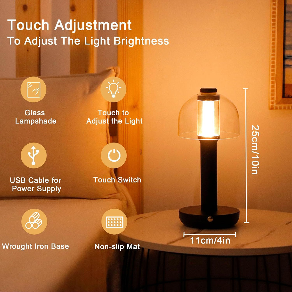 JHY DESIGN 9 Pack Bedside Table Lamp 10' H 3-Color Light Dimmable Nightstand Lamp with Glass Shade Touch Control Table Lamp for Bedroom Living Room Indoors Outdoors（Black,Type-C Charging）