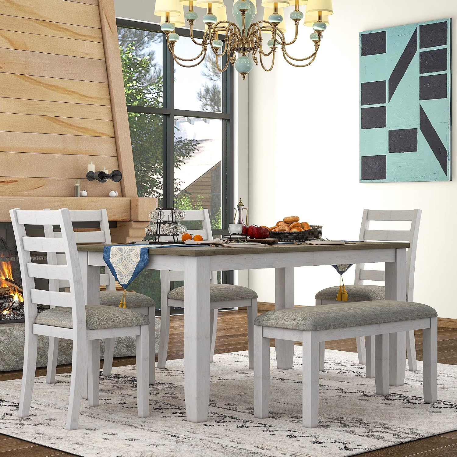 Rustic Farmhouse 6-Piece Dining Room Table Set, Counter Height Wooden Kitchen Dining Set with 4 Upholstered Chairs and Padded Bench, Kitchen Set for 6 (Brown+Whitewash)