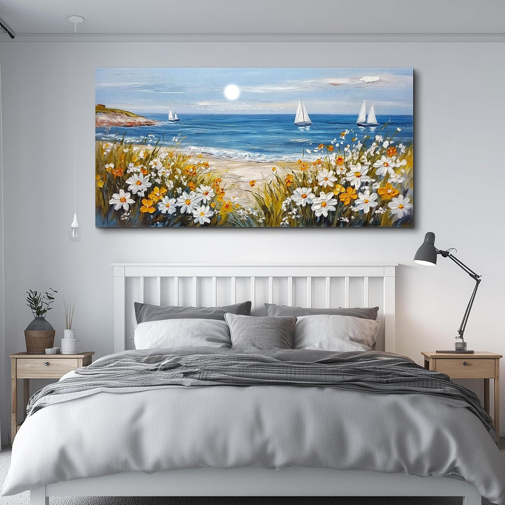 KELIYUAN Large Vintage Landscape Painting Home Decor Blue Ocean Beach Painting Living Room Decorative Wall Art Modern Print Canvas White Flowers Farmhouse Office Bedroom Wall Decor 30 X 60 Inches