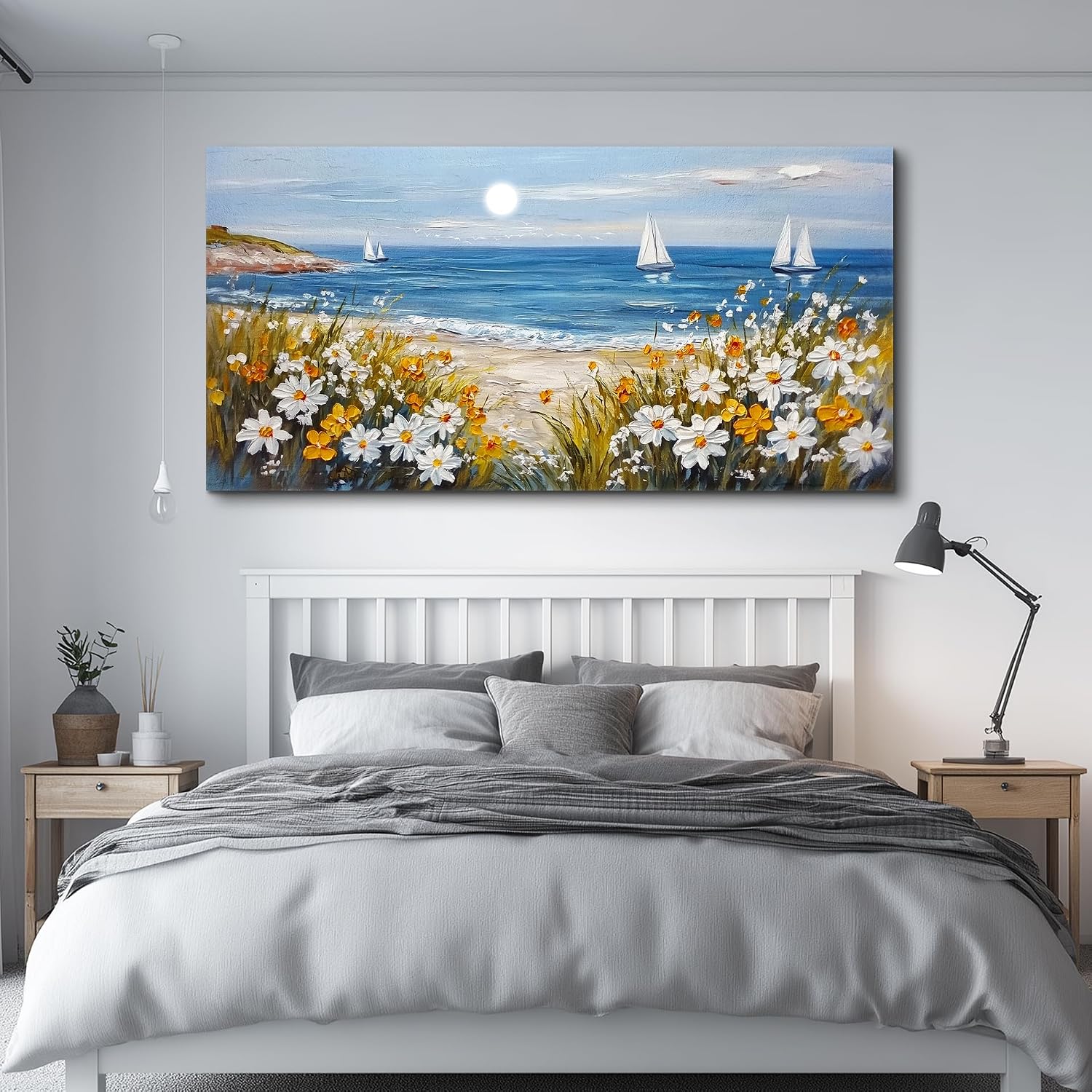 KELIYUAN Large Vintage Landscape Painting Home Decor Blue Ocean Beach Painting Living Room Decorative Wall Art Modern Print Canvas White Flowers Farmhouse Office Bedroom Wall Decor 30 X 60 Inches