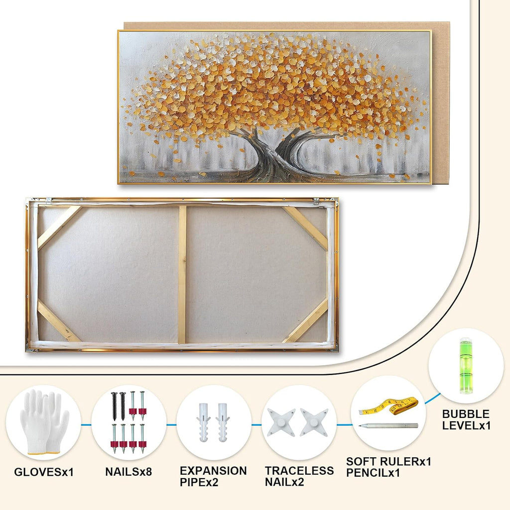 Gold Tree of Life Canvas Wall Art, Modern Abstract Textured Painting, Large Framed Panoramic Landscape Artwork for Living Room, Bedroom, Office, Home Decor 60'x30'