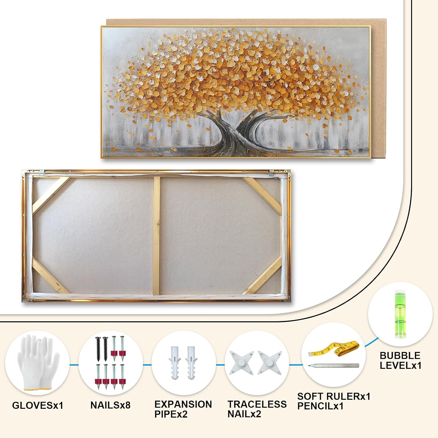 Gold Tree of Life Canvas Wall Art, Modern Abstract Textured Painting, Large Framed Panoramic Landscape Artwork for Living Room, Bedroom, Office, Home Decor 60'x30'