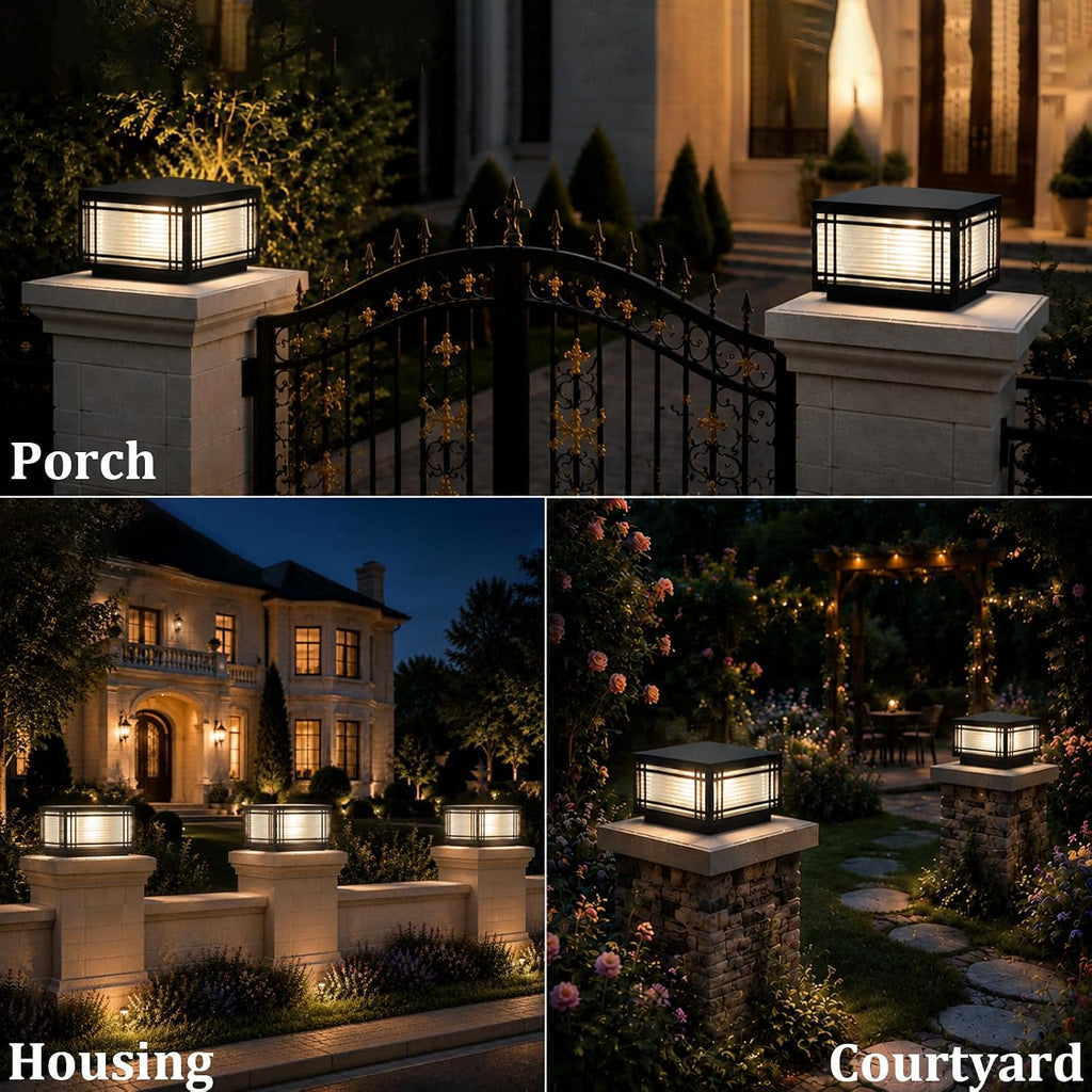 SLAWA Outdoor Post Caps Lights Modern Square Fence Pillar Lamps Waterproof Lawn Column Cap Lamp Courtyard Stainless Steel Housing Light Deck Post Light Fixture with Pier Mount Yard Pedestal Light