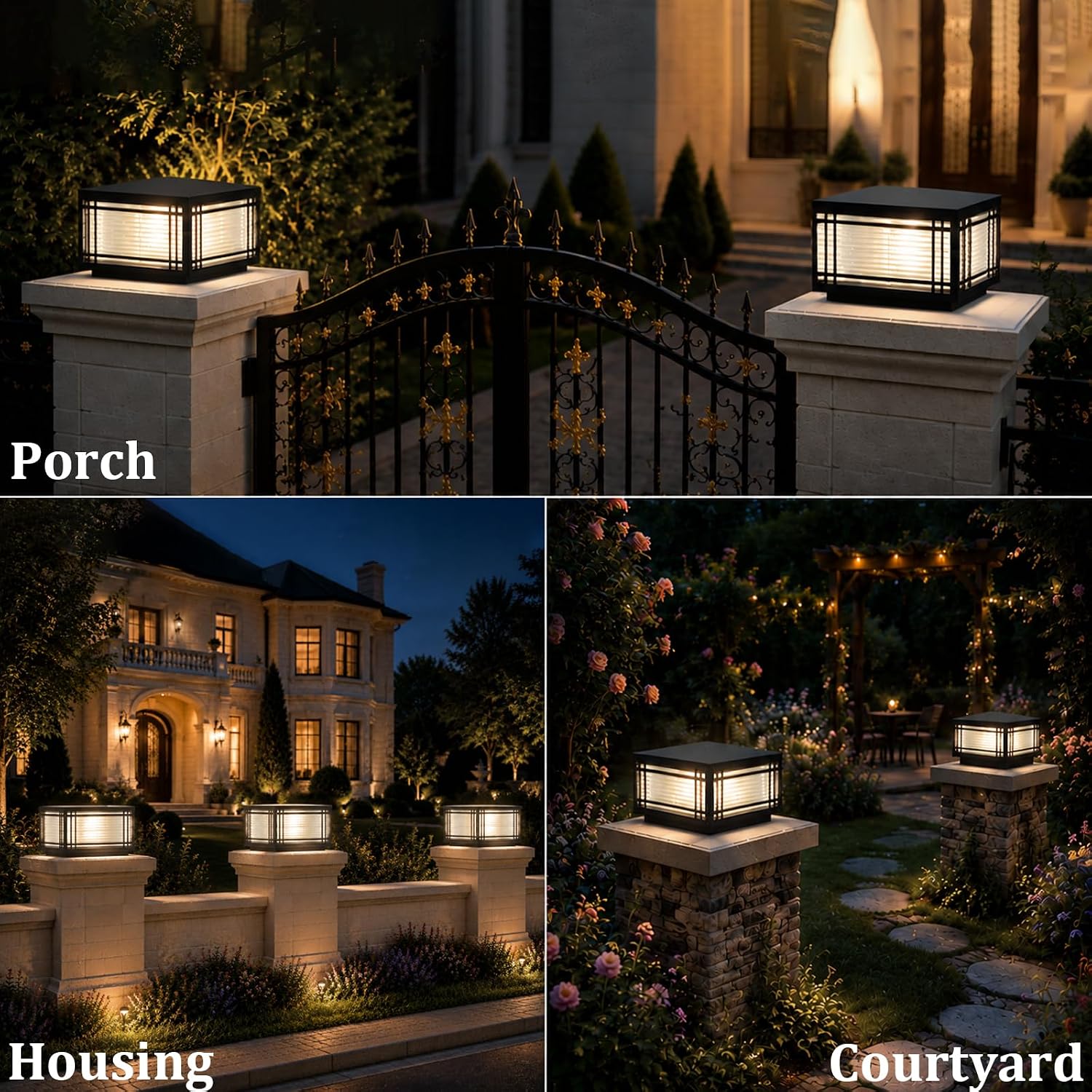 SLAWA Outdoor Post Caps Lights Modern Square Fence Pillar Lamps Waterproof Lawn Column Cap Lamp Courtyard Stainless Steel Housing Light Deck Post Light Fixture with Pier Mount Yard Pedestal Light