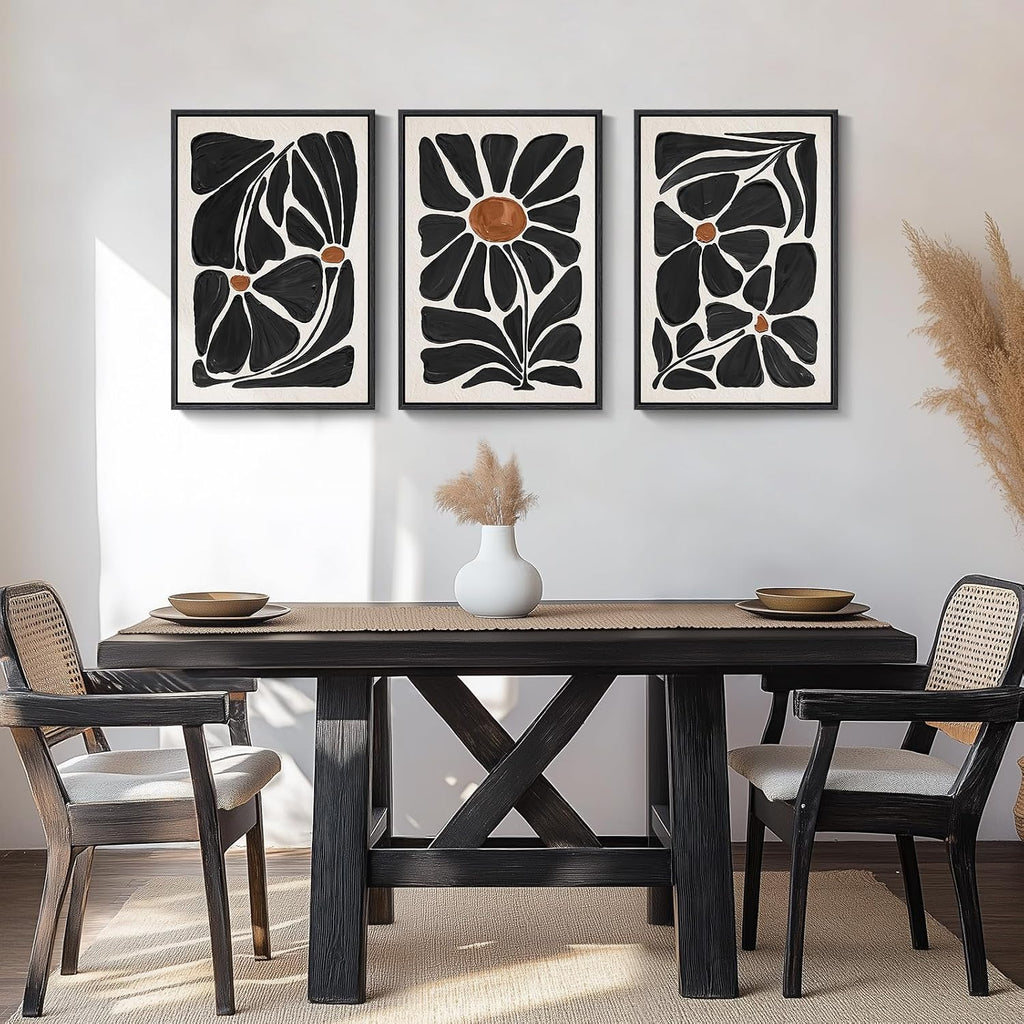Large Framed Black and White Boho Floral Wall Art, 3 Piece Vintage Botanical Artwork for Walls, Bohemian Flowers Canvas Prints for Living Room Bedroom Hallway Office Home Decor, Total 30x60 Inch