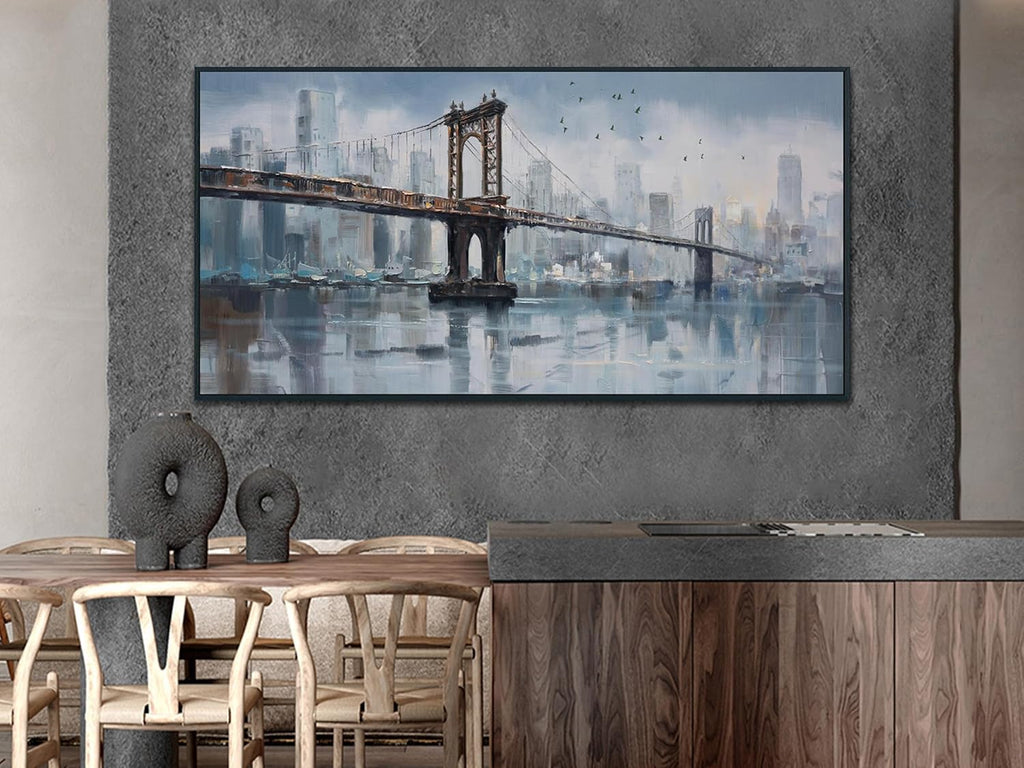 Enartly Framed NYC Brooklyn Bridge Wall Art for Lving Room, Large Skyline New York City Canvas Painting Modern Bridge Grey Picture for Bedroom Hallway Home Office Wall Decor, Black Framed 58'x29'