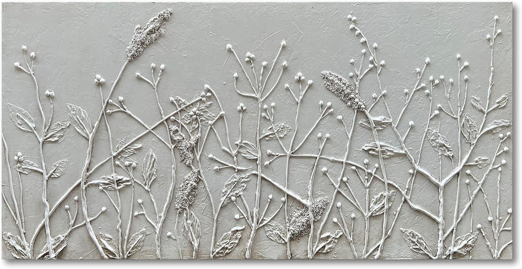 Hand Painted White Abstract Flower Oil Painting Home Wall Decorative Art 24x48 Inches