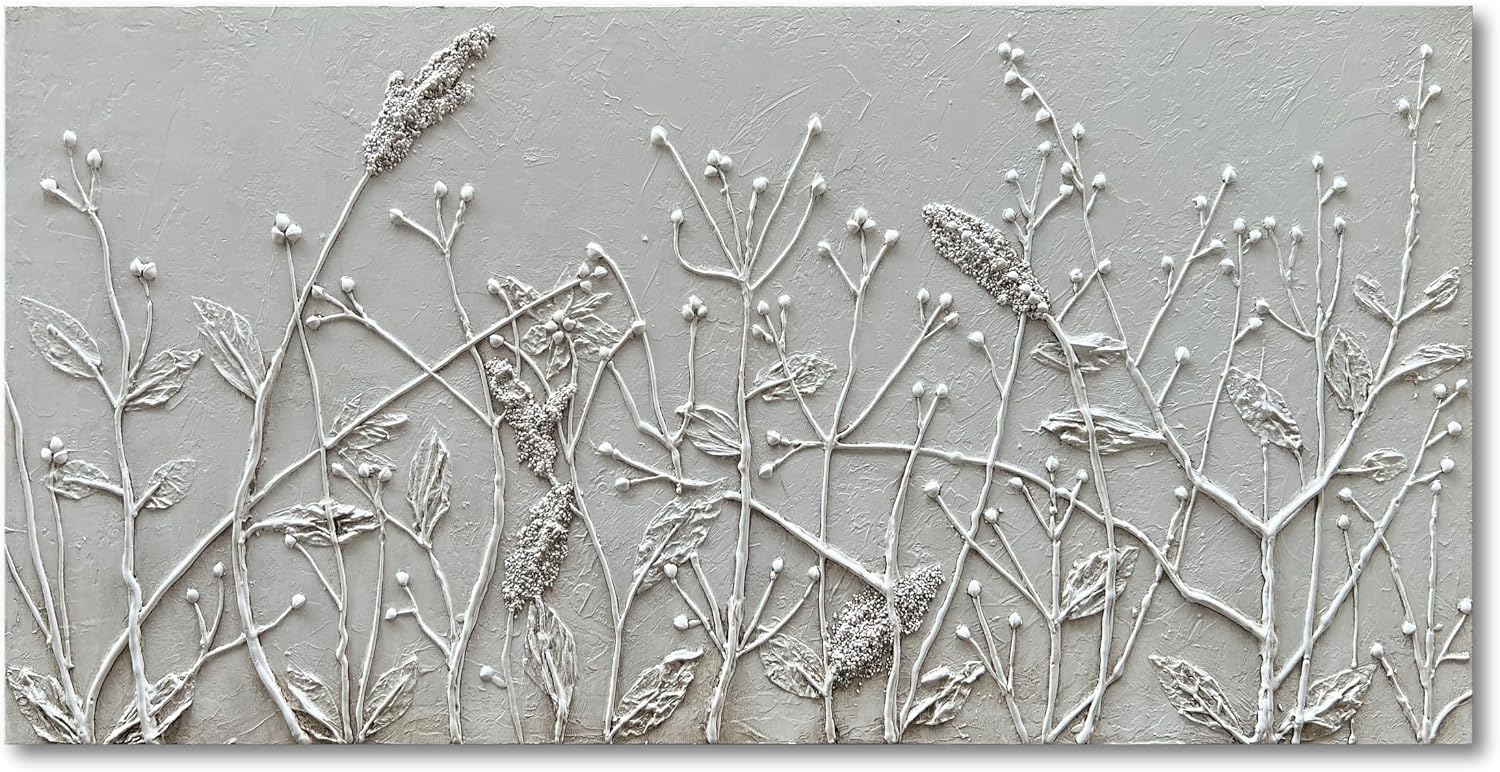 Hand Painted White Abstract Flower Oil Painting Home Wall Decorative Art 24x48 Inches