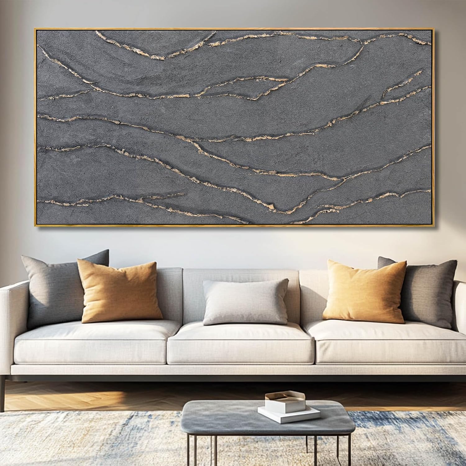 Gold and Grey Wall Art Framed Pictures Wall Decor Neutral Artwork Hand Painted 29'x58' Abstract Wall Art for Living Room Dining Room Kitchen