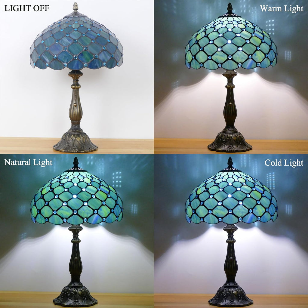 Tiffany Lamp Stained Glass Table Lamp Antique Bedside Reading Light W12H19 Inches (Sea Blue Pearl)