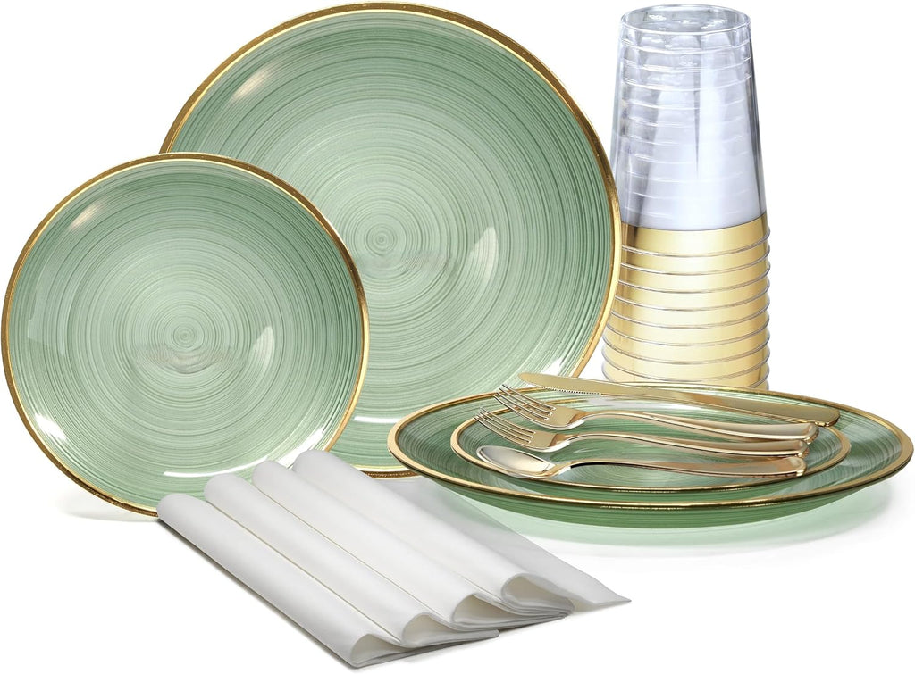 ' OCCASIONS ' 960pcs set (120 Guests)-Wedding Party Disposable Plastic Plate Set -120 x 10'' + 120 x 7'' + Silverware + Cups + Napkins (Belize in Green & Gold)