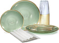 ' OCCASIONS ' 960pcs set (120 Guests)-Wedding Party Disposable Plastic Plate Set -120 x 10'' + 120 x 7'' + Silverware + Cups + Napkins (Belize in Green & Gold)