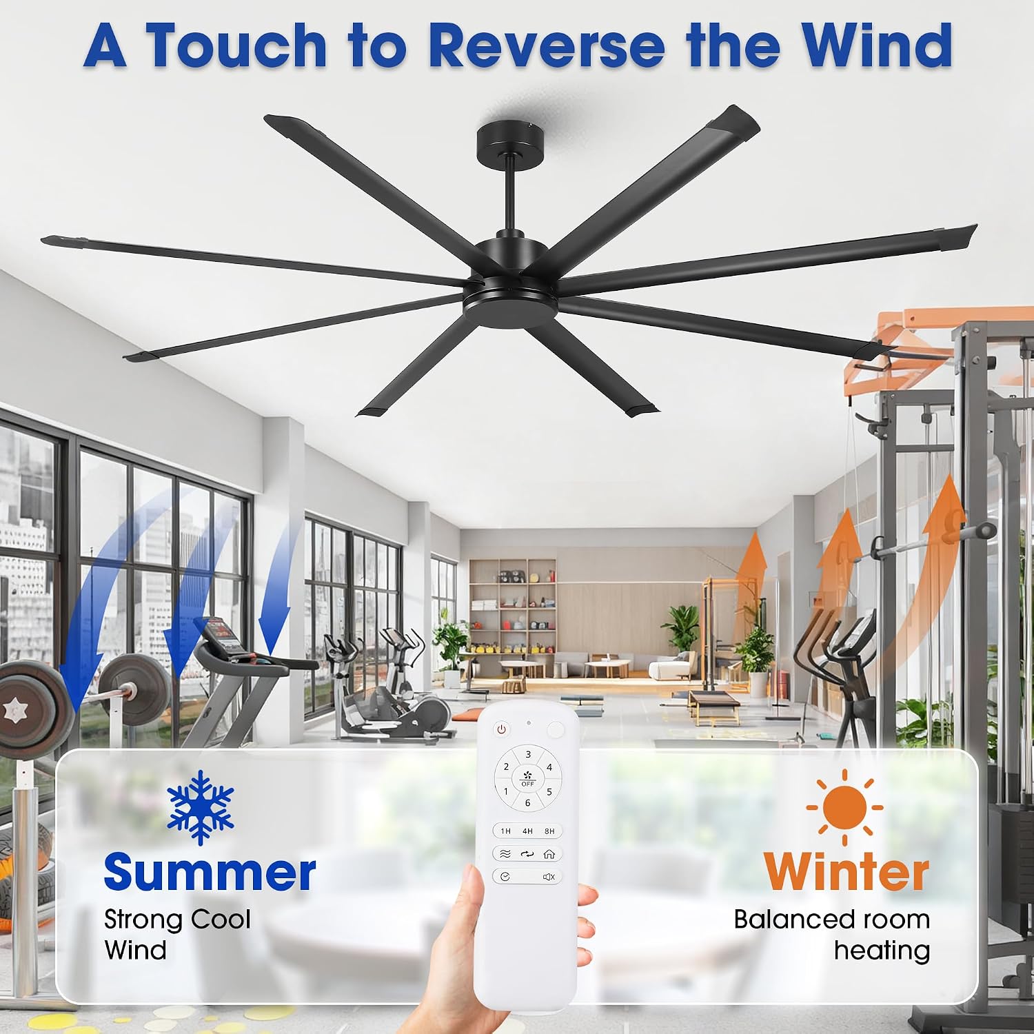120 Inch Ceiling Fans Industrial Black Big Ceiling Fans without Lights, Remote Control, Quiet Reversible DC Motor Outdoor Ceiling Fans, 8 Aluminum Blades, 10 ft Commercial Fans for Shop Gym Warehouse
