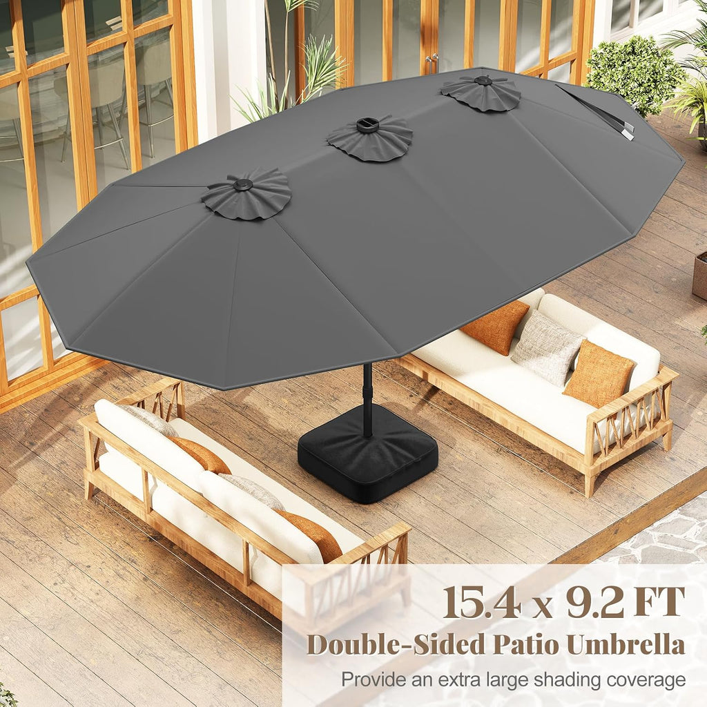 Tangkula 15FT Double-Sided Solar Patio Umbrella, Extra-Large Outdoor Twin Umbrella with 48 LED Lights, Vented Top, Crank Handle, 12 Ribs, Weighted Base Included for Backyard Poolside Deck (Gray)