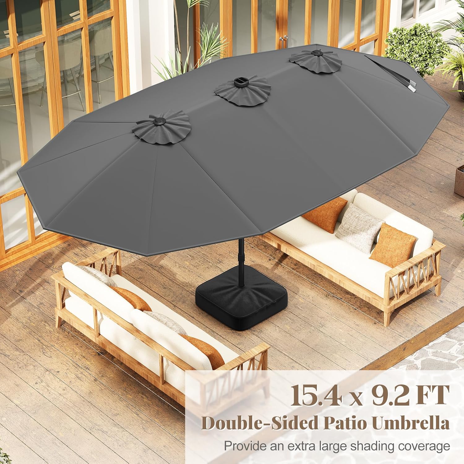 Tangkula 15FT Double-Sided Solar Patio Umbrella, Extra-Large Outdoor Twin Umbrella with 48 LED Lights, Vented Top, Crank Handle, 12 Ribs, Weighted Base Included for Backyard Poolside Deck (Gray)