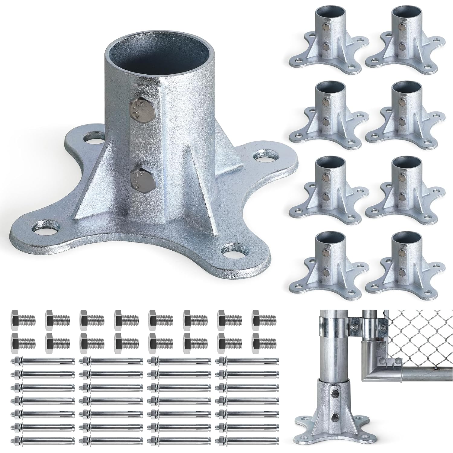 Aecxm 2.5' (2-3/8' Post OD) Chain Link Fence Post Floor Flange Galvanized Anchor Base for Fence Posts, Mailboxes, Lamp Posts & Commercial Applications 8Pack
