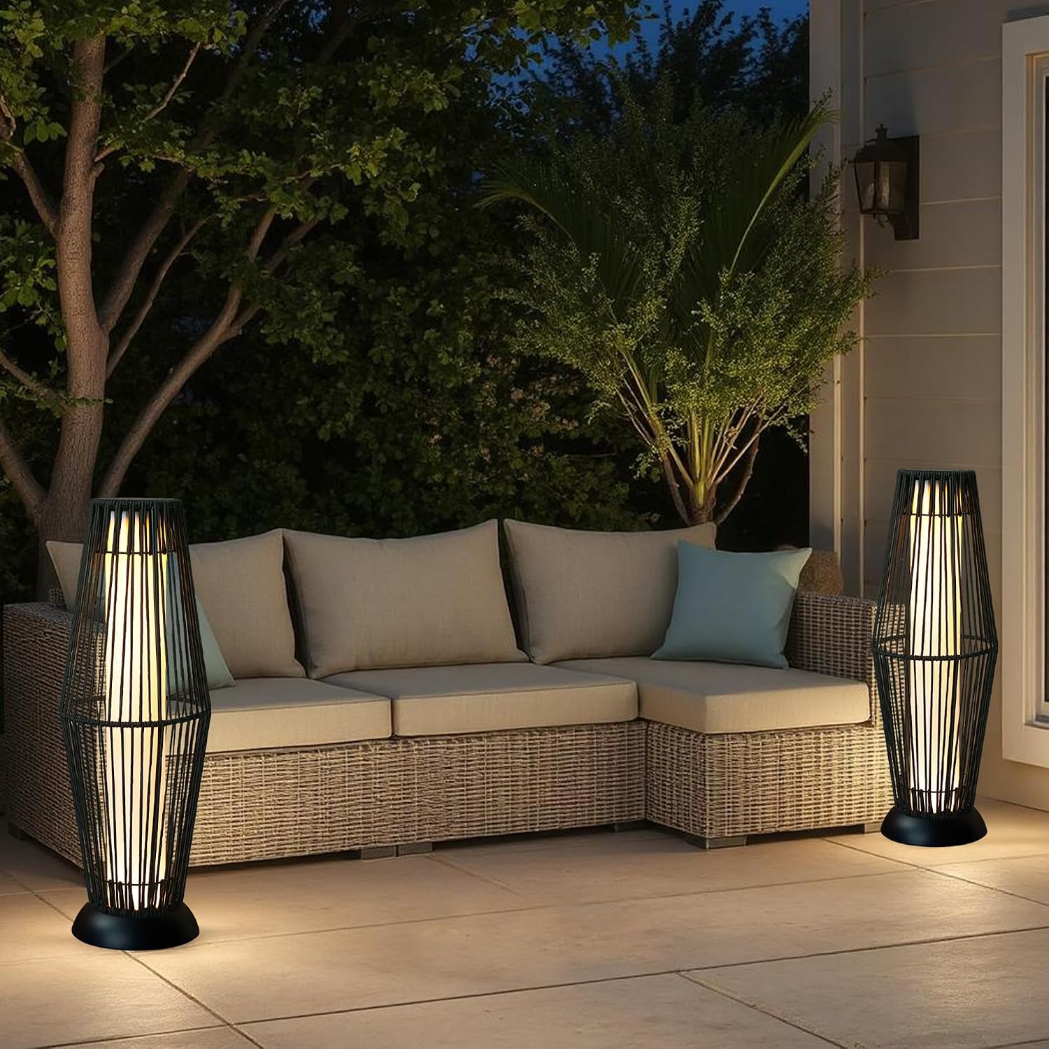 TRIROCKS Outdoor Floor Lamp 2 Piece Solar Powered Lantern Wicker Solar Patio Lamp with Olifen Rope Waterproof Rattan Outside Solar Deck Light for Patio Garden Lawn Yard (Black)