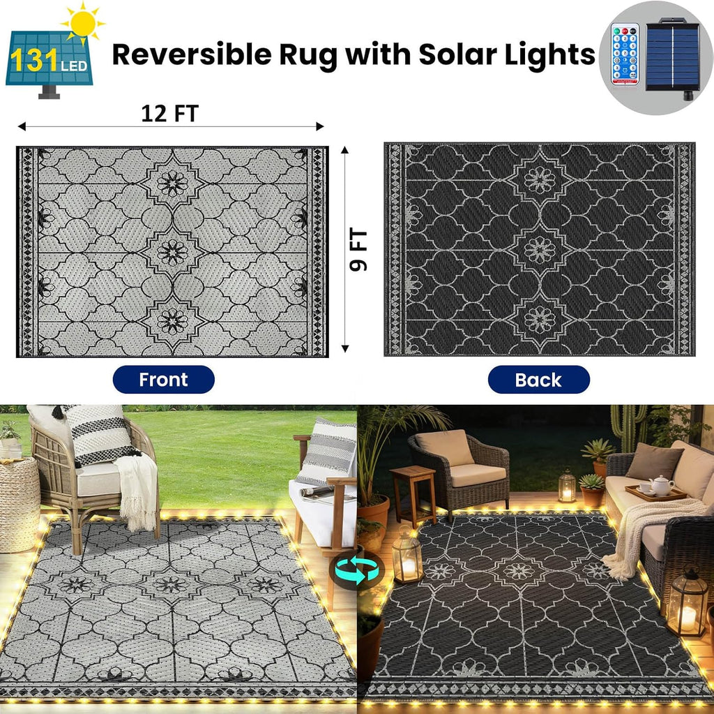 9x12Ft Outdoor Rug, Solar Powered Outdoor Rug with 131LEDs Strip Lights for House Deck, Waterproof Plastic Reversible Outdoor Straw Rugs, Rugs Mat RV Camping Patio Beach Balcony Picnic (Black Gray)