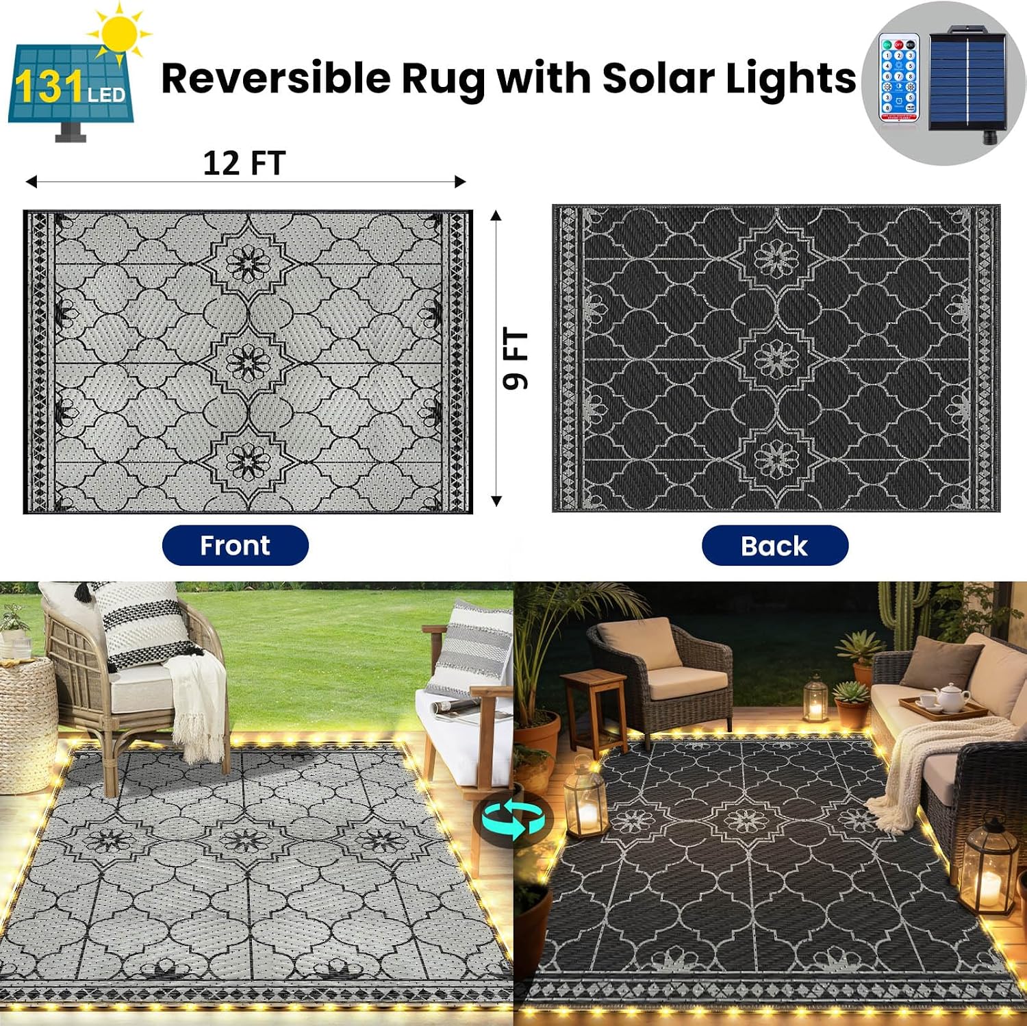 9x12Ft Outdoor Rug, Solar Powered Outdoor Rug with 131LEDs Strip Lights for House Deck, Waterproof Plastic Reversible Outdoor Straw Rugs, Rugs Mat RV Camping Patio Beach Balcony Picnic (Black Gray)