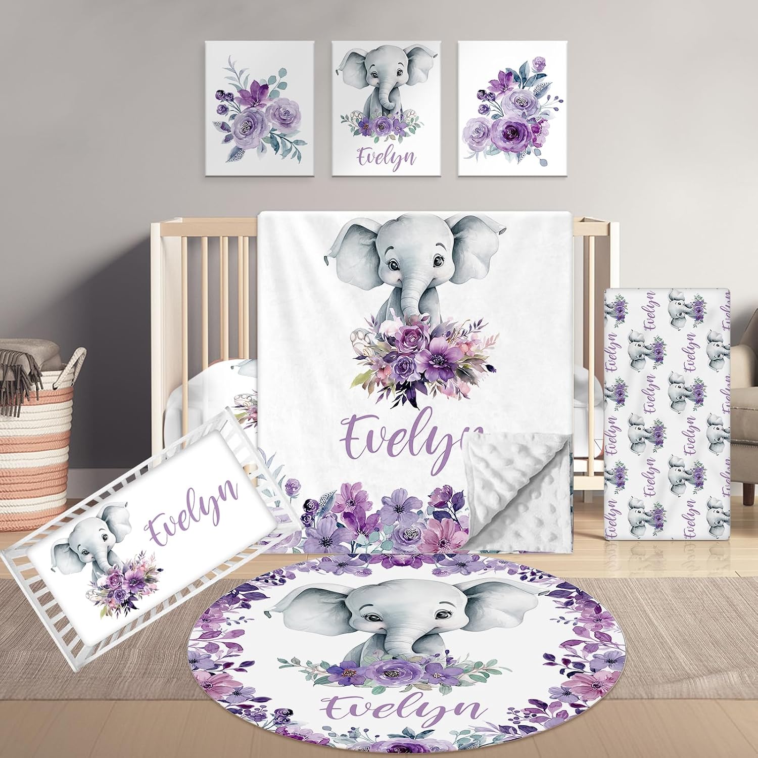 Terwex Personalized Baby Crib Set, 5 Pcs Custom Name Bedding for Girls Boys - Nursery Crib Sets, Soft Toddler Sets for Infant Customized Gifts, Purple Elephant