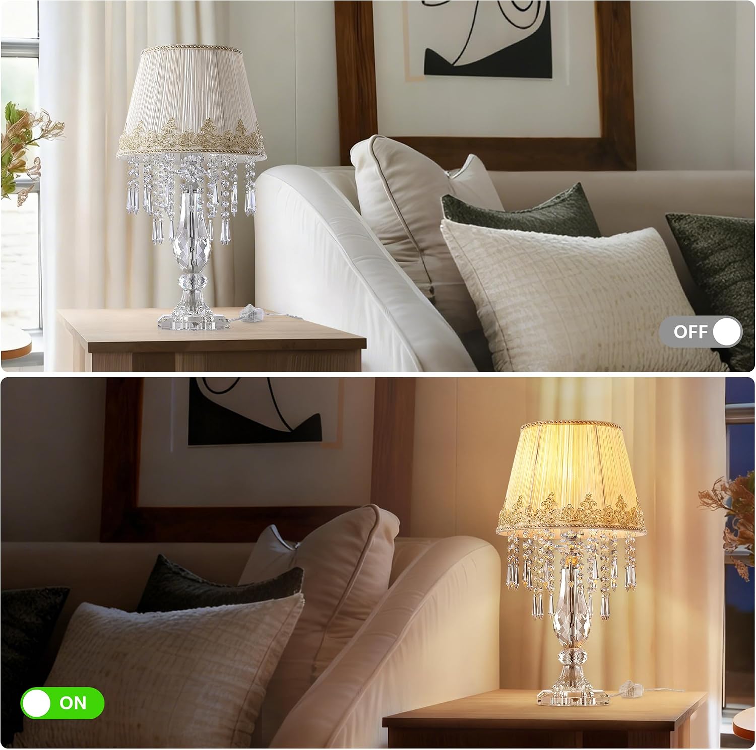 Crystal Table Lamp Set of 2, Bedside Lamps with Beige Chiffon Fabric Lampshade, Dimmable Plug-in Nightstand Reading Lamps with Raindrop Crystals for Bedroom, Living Room, W11.8'' X H21.7''