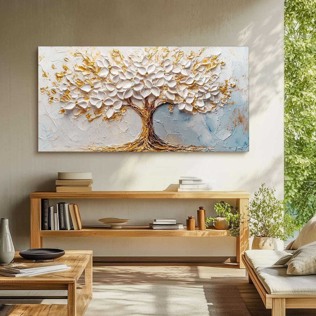 SERIMINO Tree of Life Wall Art, White Gold Tree Extra Large Artwork, Neutral Aesthetic Abstract Art Wall Decor, Modern Fantasy Pictures for Living Room Dining Room Office Canvas Prints 29'X57'