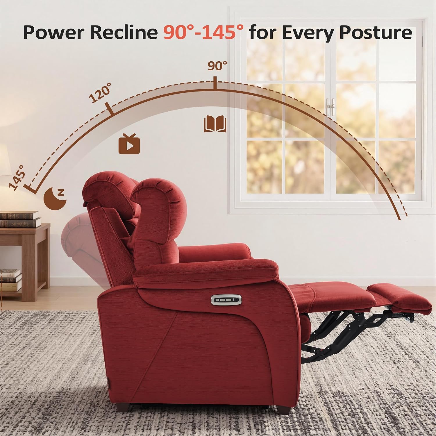 MCombo 87.2'' Wall Hugger Power Recliner Sofa with Drop Down Table, Reclining Sofa with Adjustable Headrest, USB Charge Ports, Reading Lamp, for Living Room, RVs, Fabric, ST258M3 (3-Seater, Burgundy)