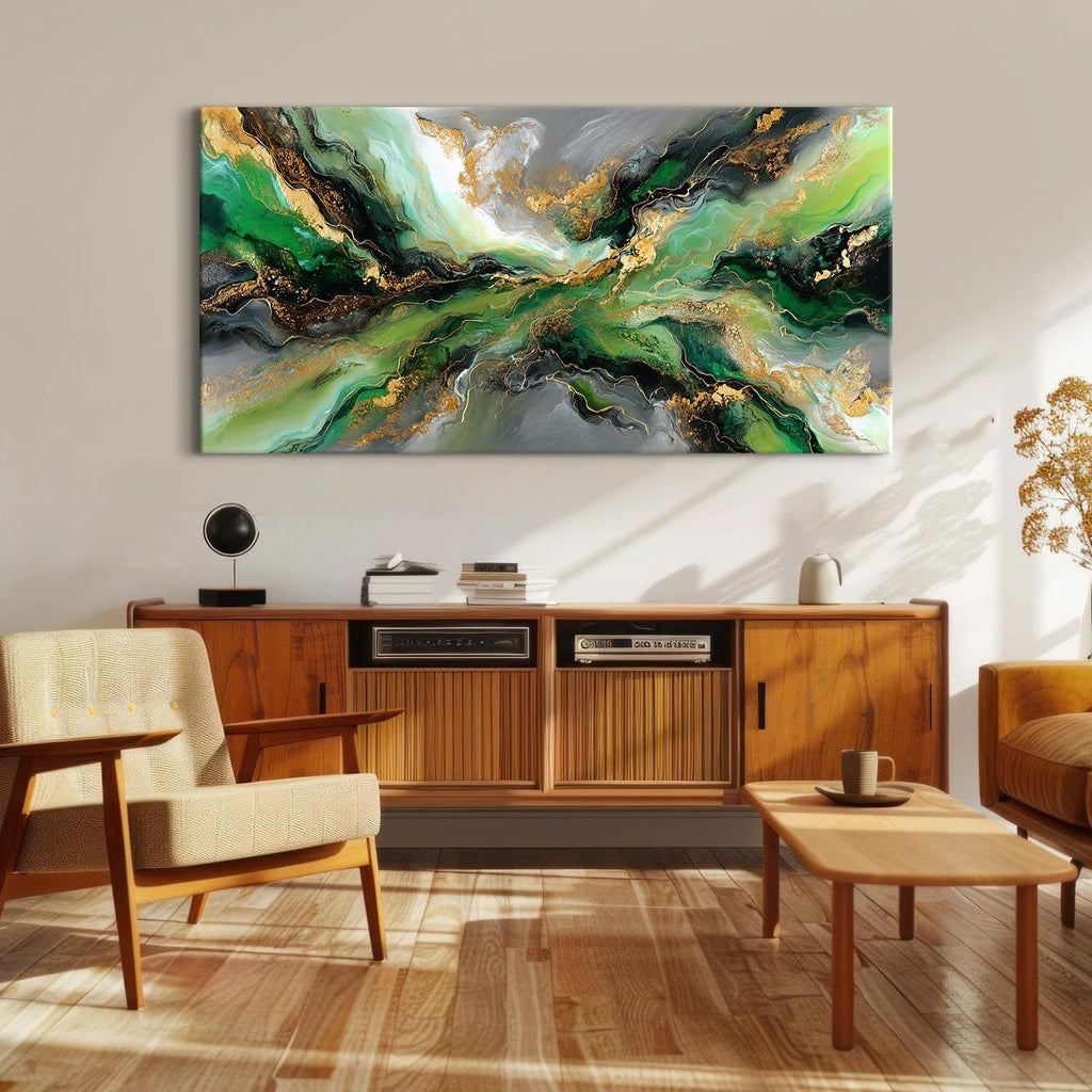 Emerald Green Abstract Wall Art Green and Gold Wall Decor Marble Canvas Picture for Living Room Above Couch Artwork Decorations Watercolor Liquid Textured Ink Prints Painting Poster Decor 75x147cm