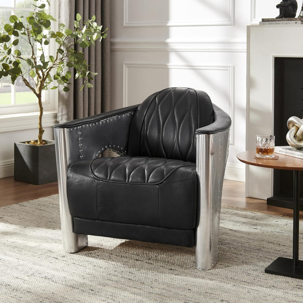 Zouron Vintage Leather Accent Chair, Upholstered Living Room Chair with Aluminum Legs and Handcrafted Rivets, Genuine Leather Single Sofa Chair Barrel Aviator Chair, Black
