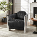 Zouron Vintage Leather Accent Chair, Upholstered Living Room Chair with Aluminum Legs and Handcrafted Rivets, Genuine Leather Single Sofa Chair Barrel Aviator Chair, Black