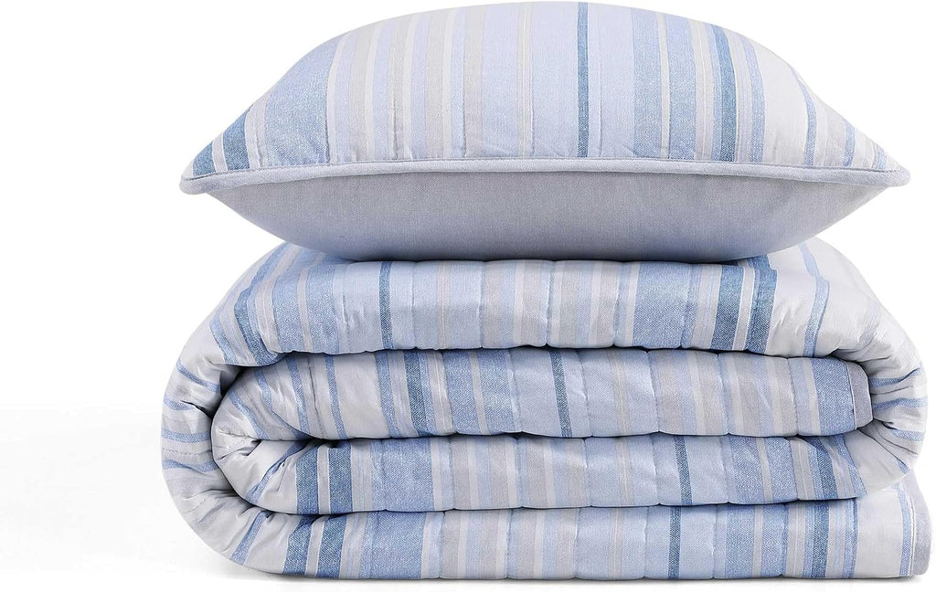 Tommy Hilfiger - King Quilt Set, Cotton Textured Bedding with Matching Shams, Medium Weight Bed Set, European Closure, Oeko-TEX Certified (Bold Stripe Blue)