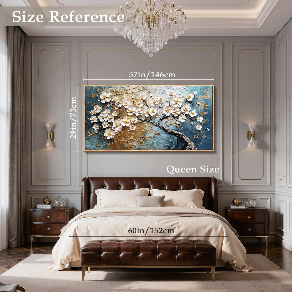 imjiayu Tree of Life Wall Art, Extra Large Wall Art, Abstract Art Wall Decor, Plum Bossom Tree Framed Painting Prints, Modern Blue and Gold Big Pictures for Living Room Bedroom Office Hotel 29'x57'