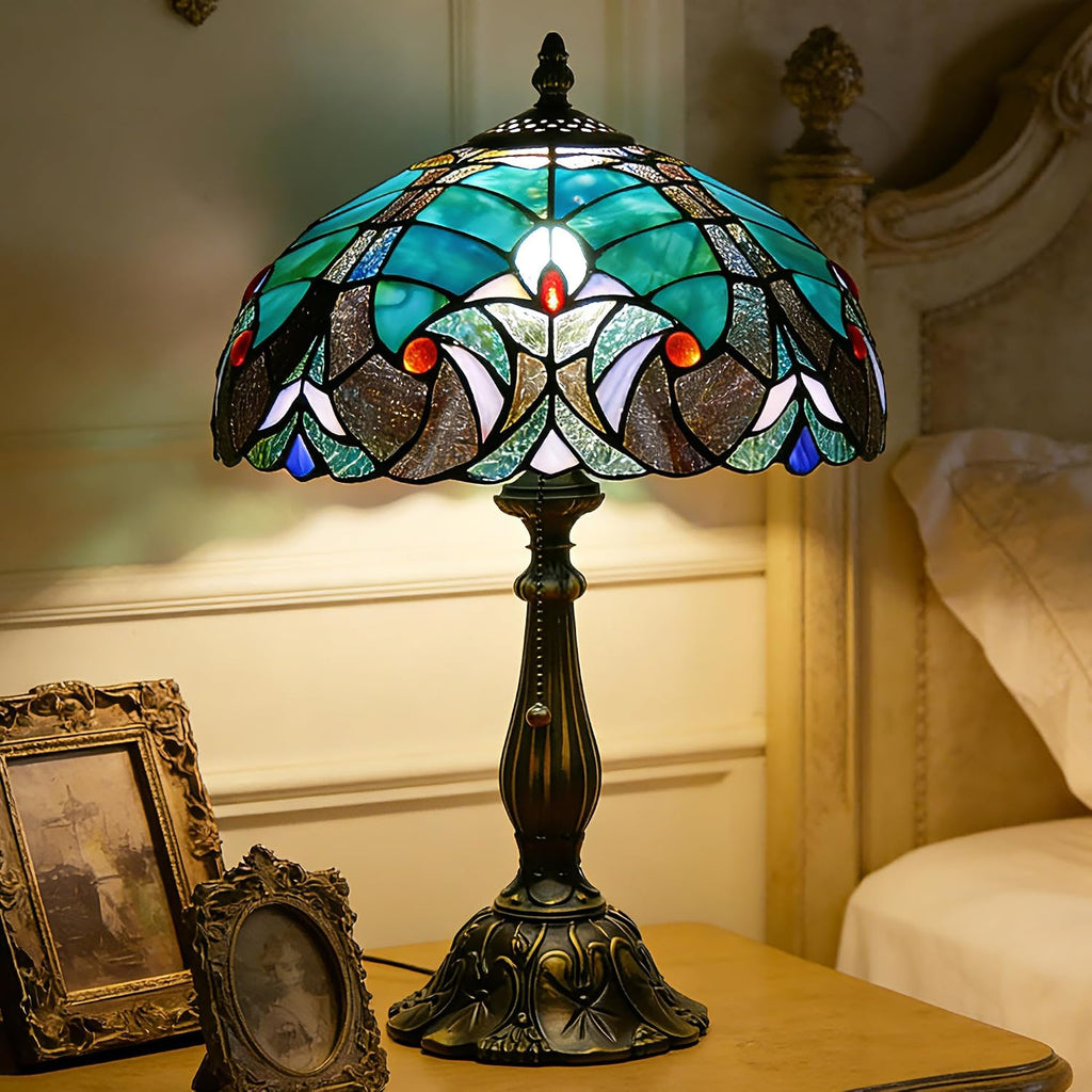 Tiffany Lamp Stained Glass Table Lamp Antique Bedside Reading Light W12H19 Inches (Green Liaison)