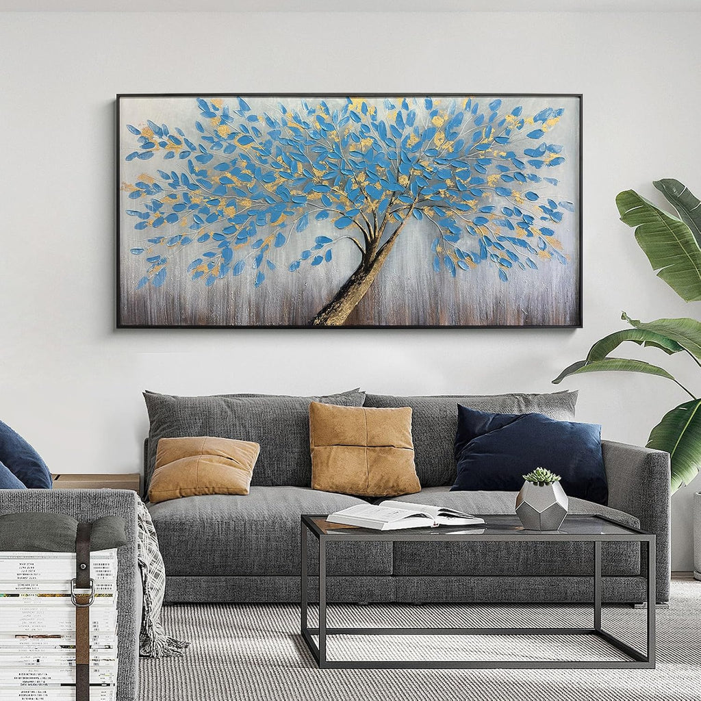 Blue Tree of Life Canvas Wall Art, Modern Abstract Textured Painting, Large Wall Art Framed Panoramic Landscape Artwork for Living Room, Bedroom, Office, Home Decor 48'x24'