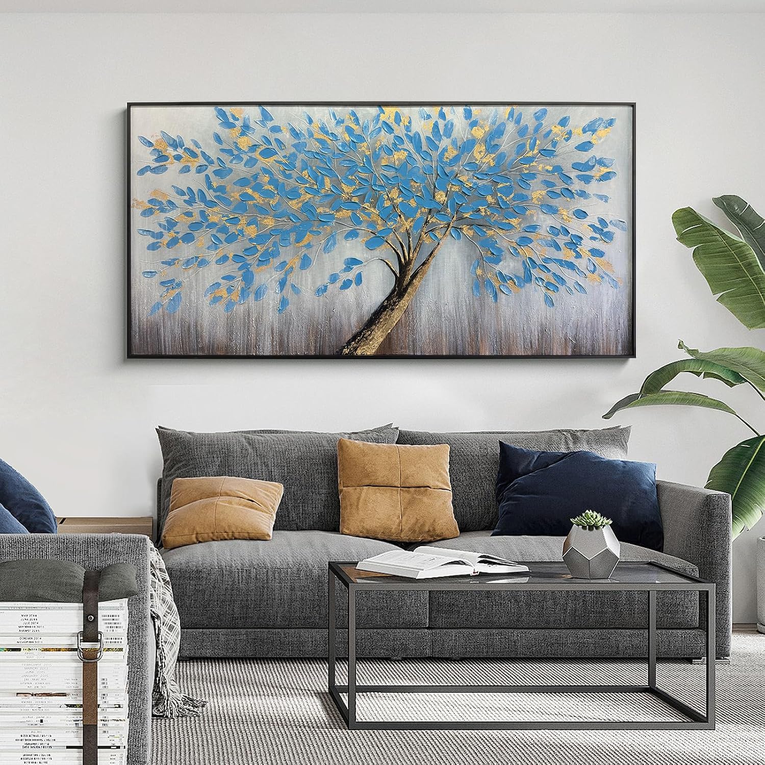 Blue Tree of Life Canvas Wall Art, Modern Abstract Textured Painting, Large Wall Art Framed Panoramic Landscape Artwork for Living Room, Bedroom, Office, Home Decor 48'x24'