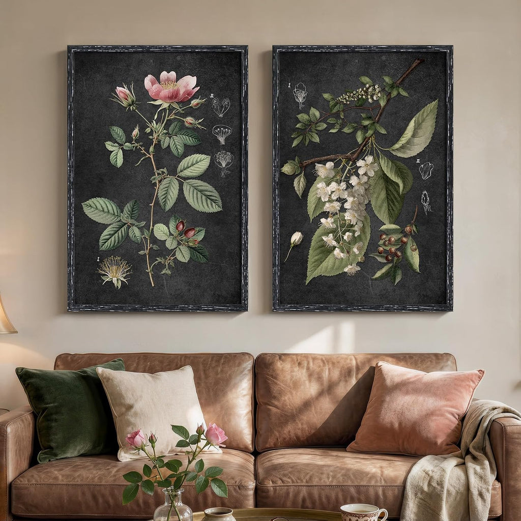 Large Framed Vintage Botanical Wall Art Set of 2, Rustic Retro Dark Floral Canvas Paintings Prints, Antique Flower Pictures for Farmhouse Living Room Hallway Bedroom Dining Room Wall Decor, 24x36 Inch