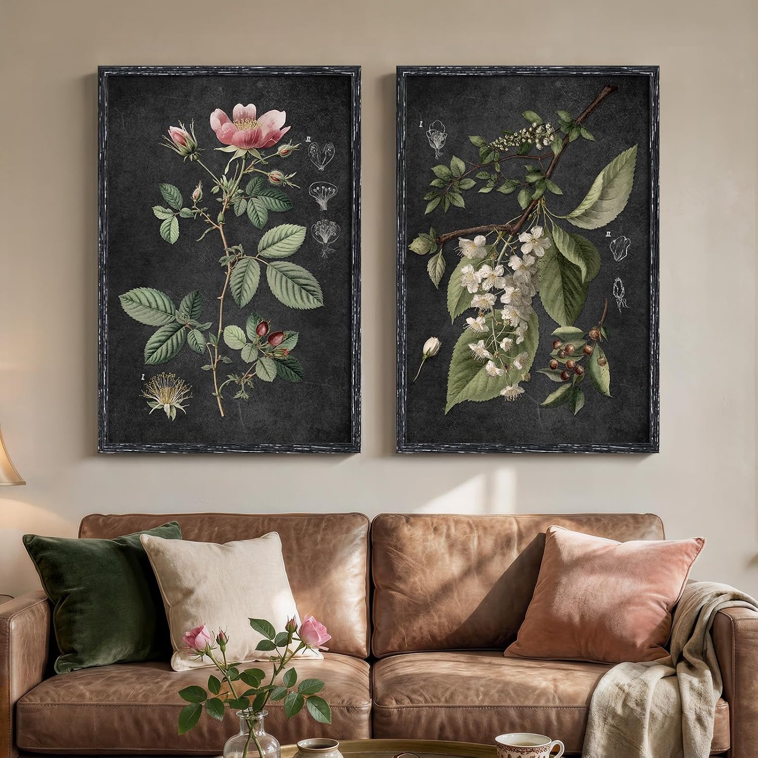 Large Framed Vintage Botanical Wall Art Set of 2, Rustic Retro Dark Floral Canvas Paintings Prints, Antique Flower Pictures for Farmhouse Living Room Hallway Bedroom Dining Room Wall Decor, 24x36 Inch