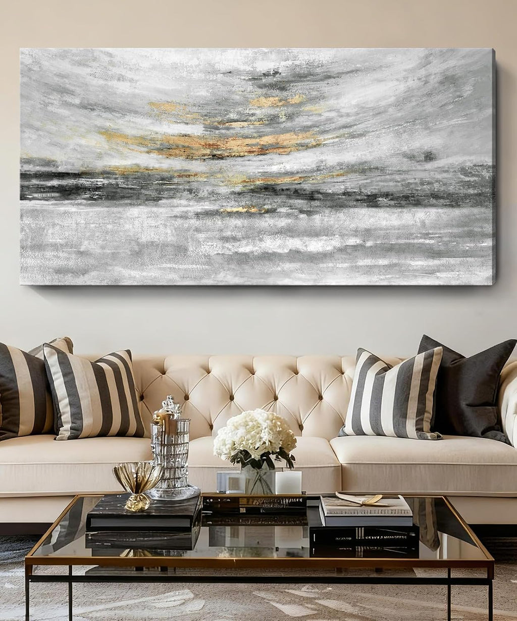 Nicetop 58x29' Modern Minimalist Black & White Abstract Coastal Wall Art with Metallic Gold Accents – Gallery Wrapped Abstract Ocean Waves & Clouds Canvas Art, Ready to Hang for Living Room Wall Decor, Bedroom Wall Art & Office Wall Decor