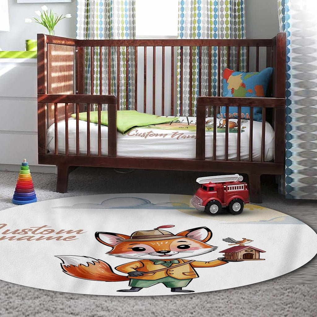 Personalized Crib Bedding Set for Baby Girls, Custom Name Baby Crib Sets 5-Pcs - Toddler Double Layer Blanket Fitted Sheet Changing Pad Cover Rug Wall Art Set, Fox Theme Nursery Décor
