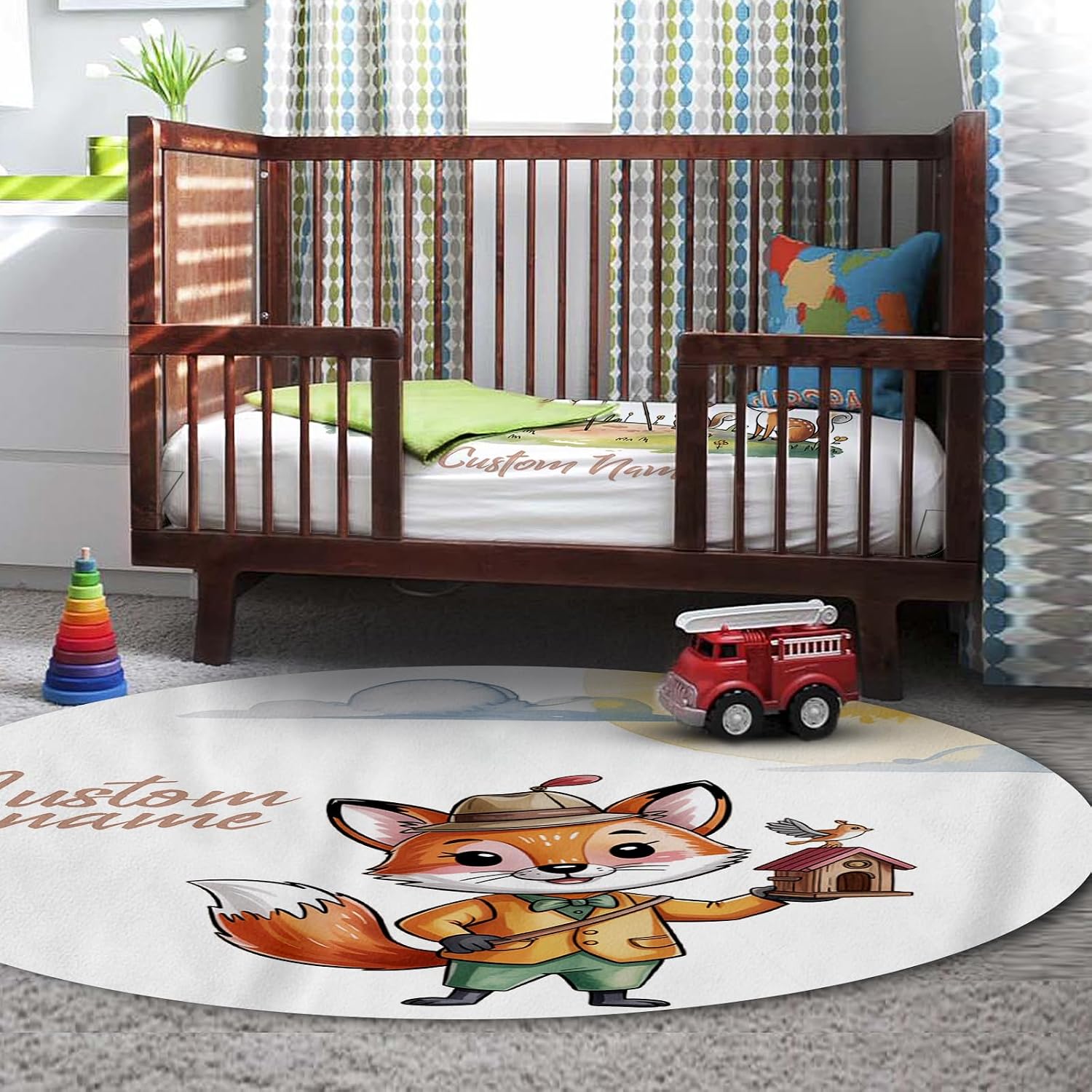 Personalized Crib Bedding Set for Baby Girls, Custom Name Baby Crib Sets 5-Pcs - Toddler Double Layer Blanket Fitted Sheet Changing Pad Cover Rug Wall Art Set, Fox Theme Nursery Décor