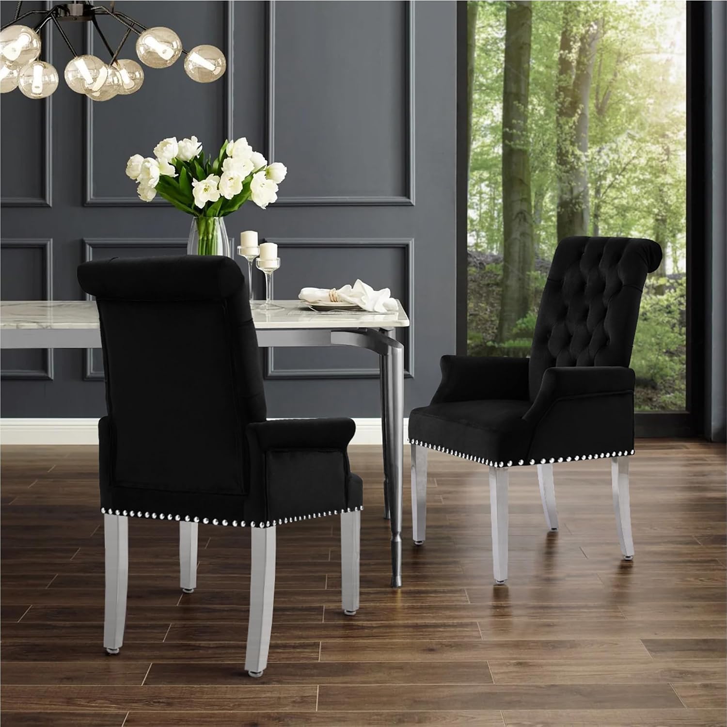 LOULENS Luxurious Velvet Dining Chairs, Modern Upholstered Tufted Dining Room Chairs, Armrests Dining Chairs with Stainless Steel Leg, Black