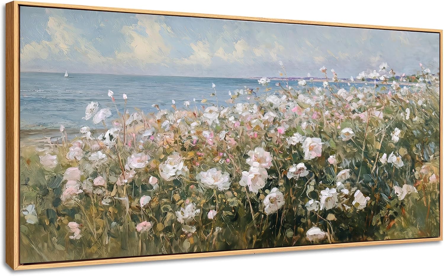 Large Framed Wall Art for Living Room Decor - Farmhouse Beach Coastal Painting Vintage Floral Ocean Wall Picture 3d Textured Flowers Canvas Print Artwork for Home Bedroom Office 24'x48'(Framed