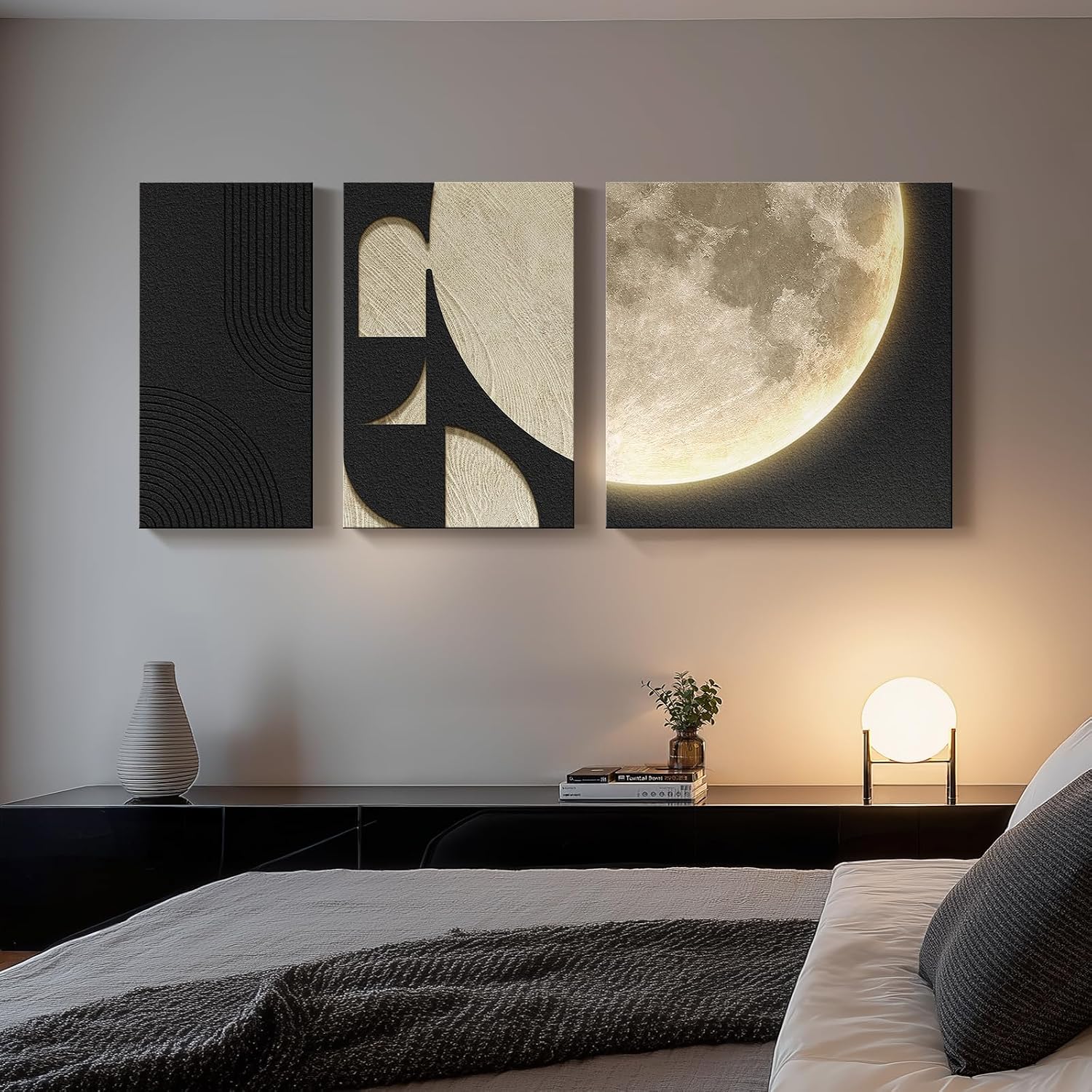 3D LED Abstract Wall Art for Living Room, 3 Piece Neutral Geometric Relief Artwork with Moon Design, Modern Minimalist Black Beige Paintings Wall Decor for Bedroom Dining Room Hallway Entryway Office