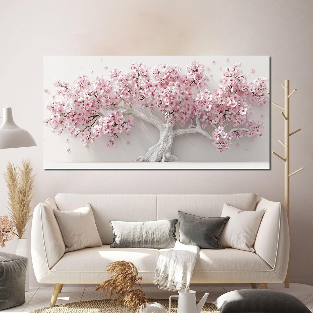 AOZEMI White Wall Art for Living Room Bedroom Home Office Pink Wall Decor Large Tree Pictures Art Flower Artwork Modern Floral Canvas 29'x 59'